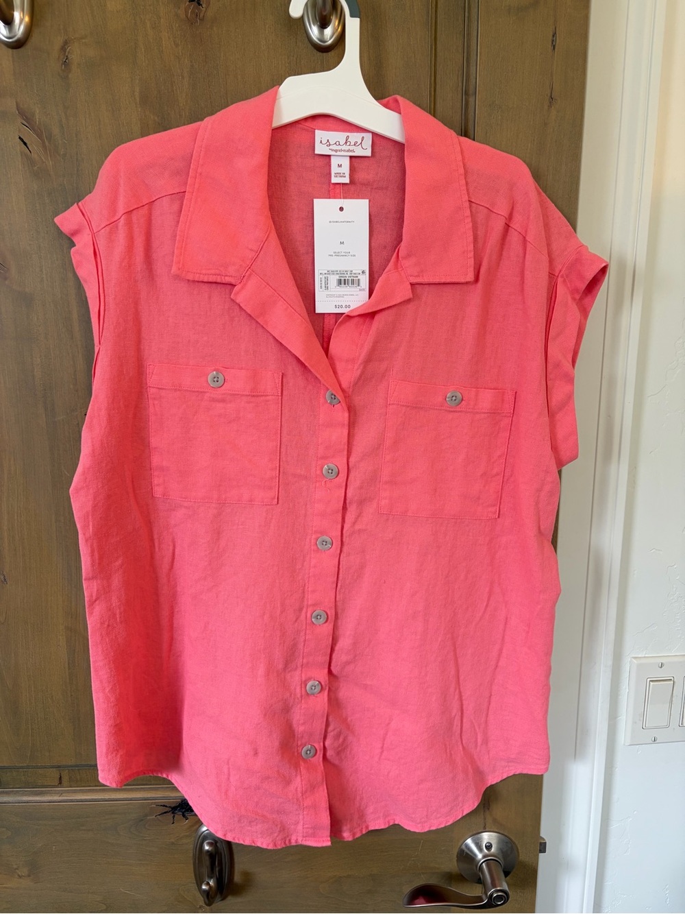 Sleeveless Maternity Button-Front Coral Pink Blouse